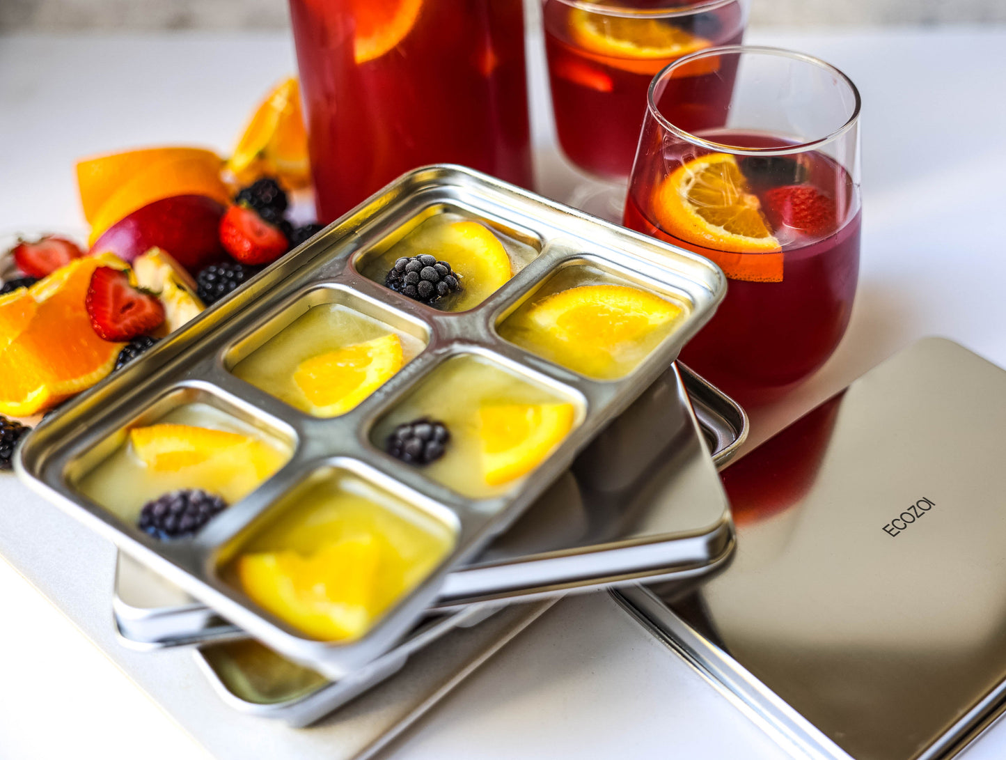 Ecozoi Stainless Steel Ice Trays for Freezer, Rectangular Shape 12 Large Cubes with Lid, 2 Pack