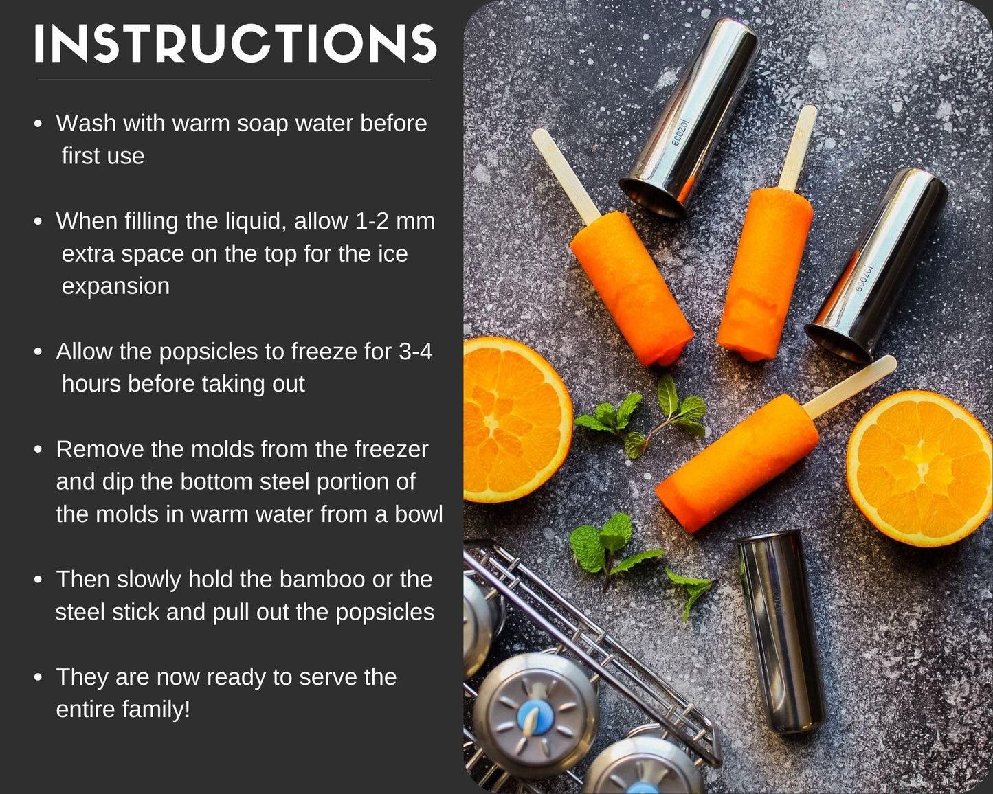 Ecozoi Stainless Steel Popsicle Molds with Sticks, Round & Reusable, Bamboo, Ice Cream Bars