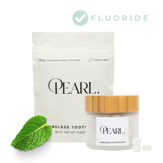 Starter Kit: The Pearl Jar - White Sea Glass & Fluoride Mint Toothpaste Tablets | 62 Tablets | Refill Pouch