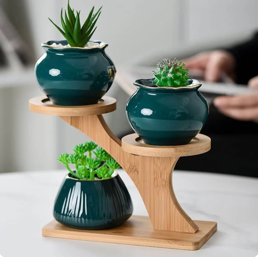 1pc Bamboo Wood Tray 3-Layers Flowerpot Holder