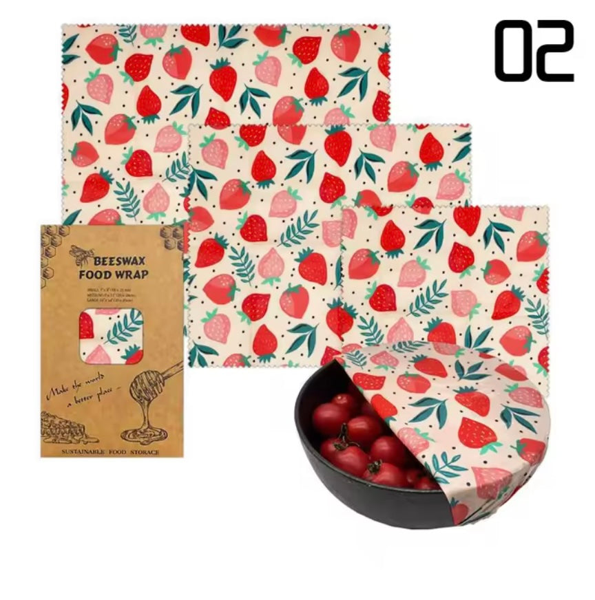 3pcs Reusable Beewax Wraps - Strawberries Pattern