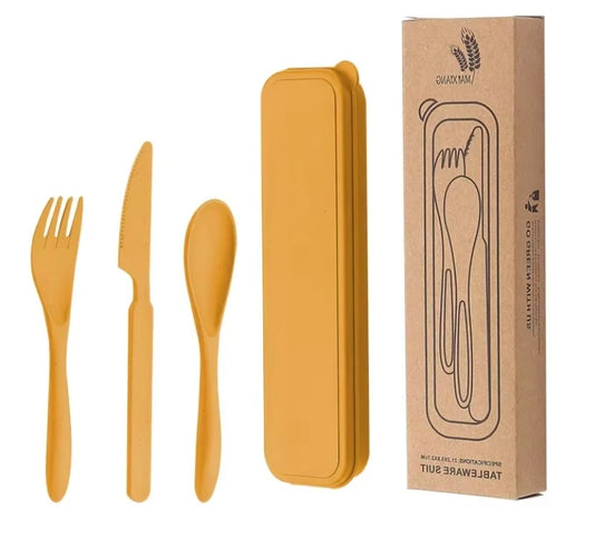 3pcs Wheatstraw Set - Spoon, Fork, Knife - Yellow