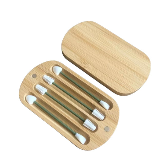 4pc Bamboo Silicone Ear Swab with Wooden Case