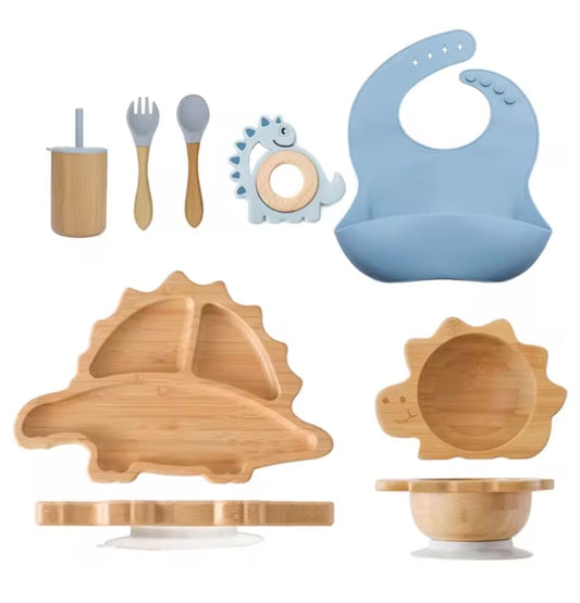 7pcs Bamboo Silicone Baby Feeding Tableware Set - Blue