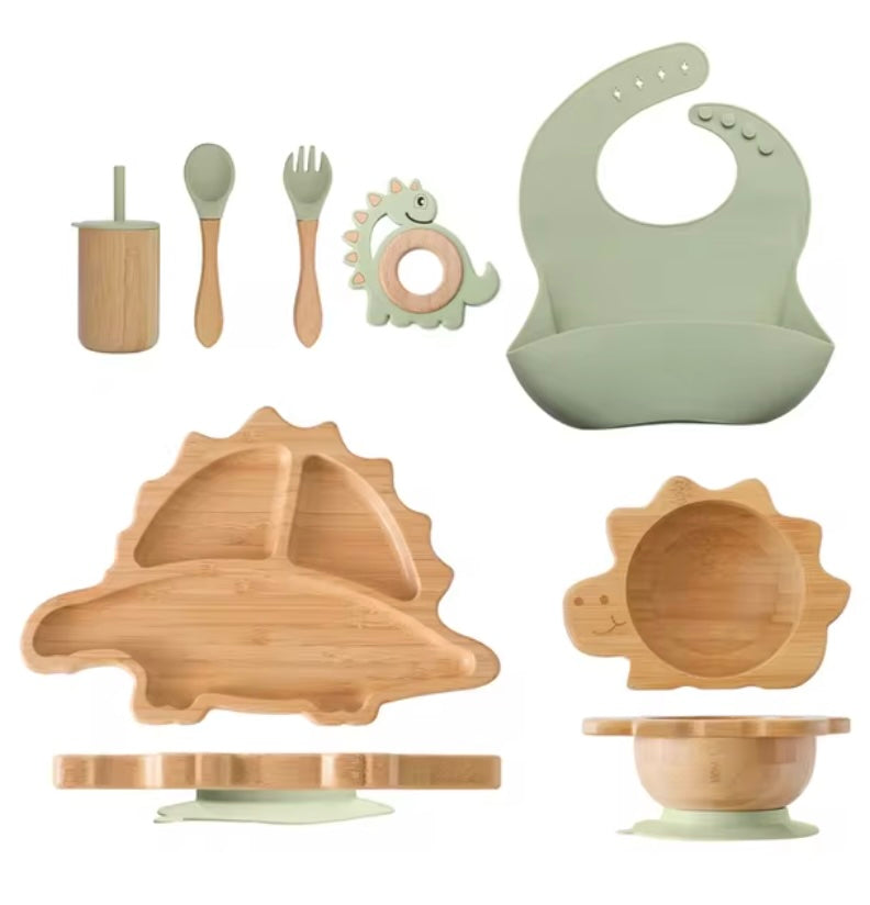 7pcs Bamboo Silicone Baby Feeding Tableware Set - Green