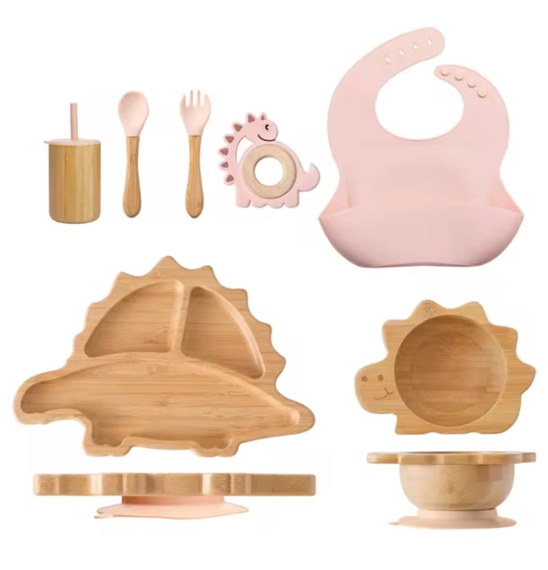 7pcs Bamboo Silicone Baby Feeding Tableware Set - Red