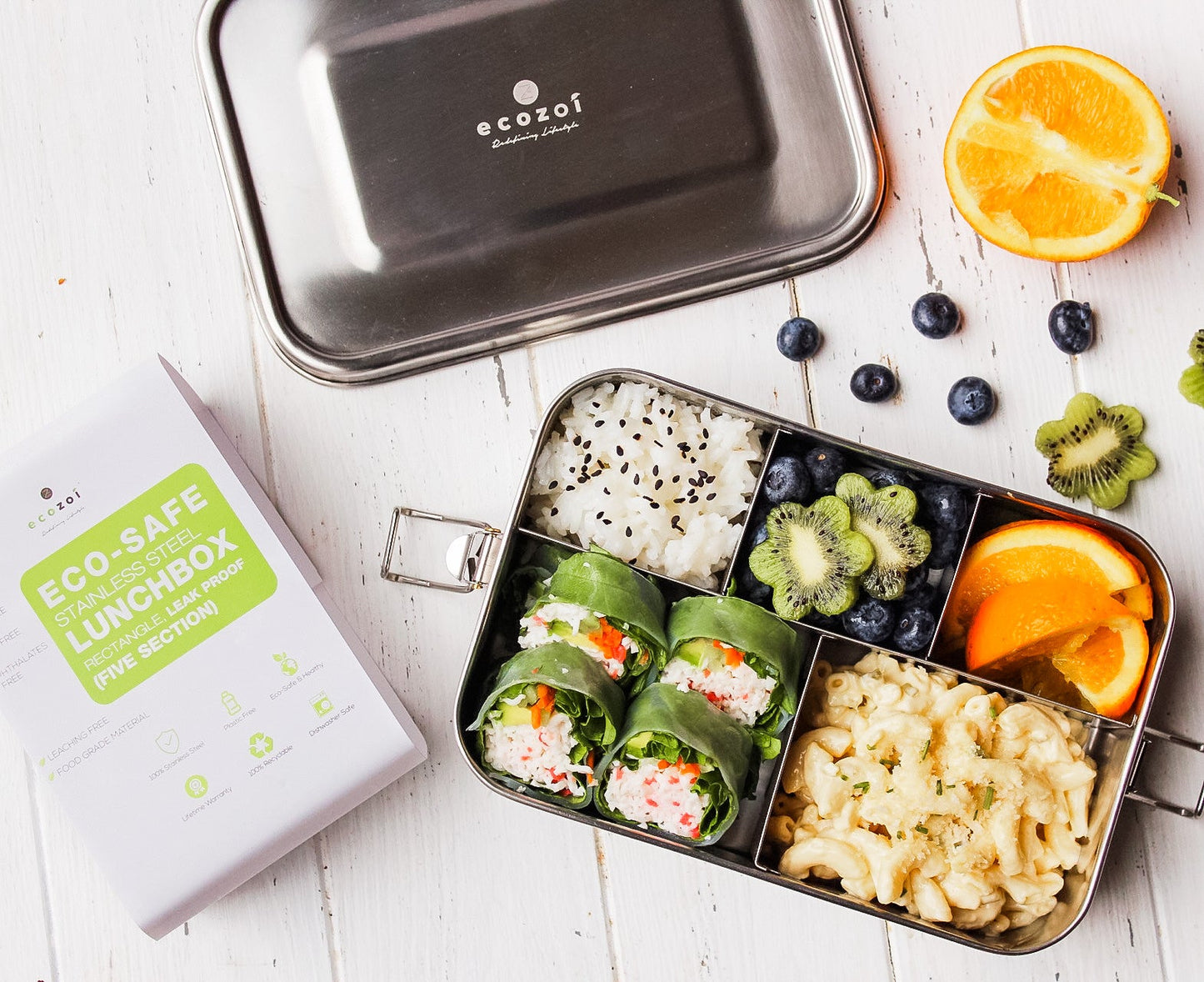 Ecozoi Stainless Steel Lunch Box for Kids and Adults, 5 Compartment, Solid Print, Leak Proof, 50 oz