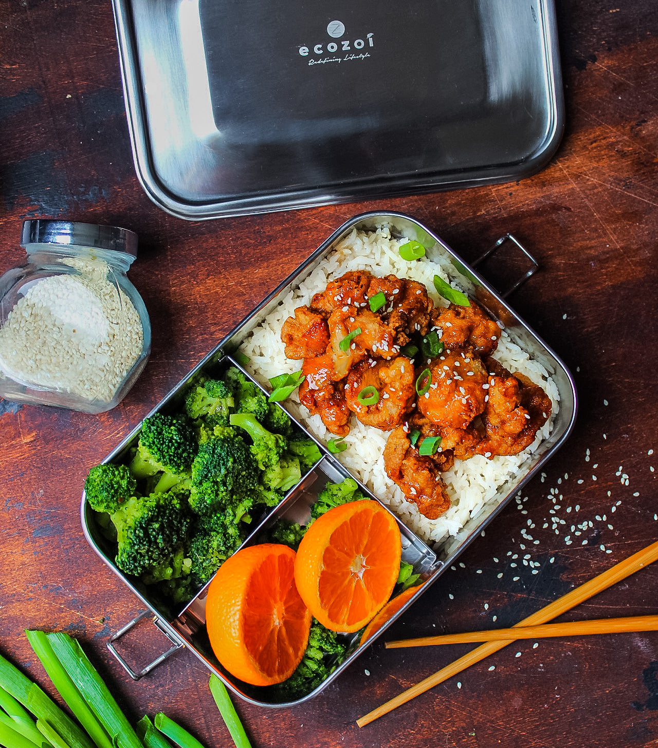 Ecozoi Stainless Steel Bento Lunch Box, 3 Compartment Tiffin Containers, Leakproof, 50 Oz