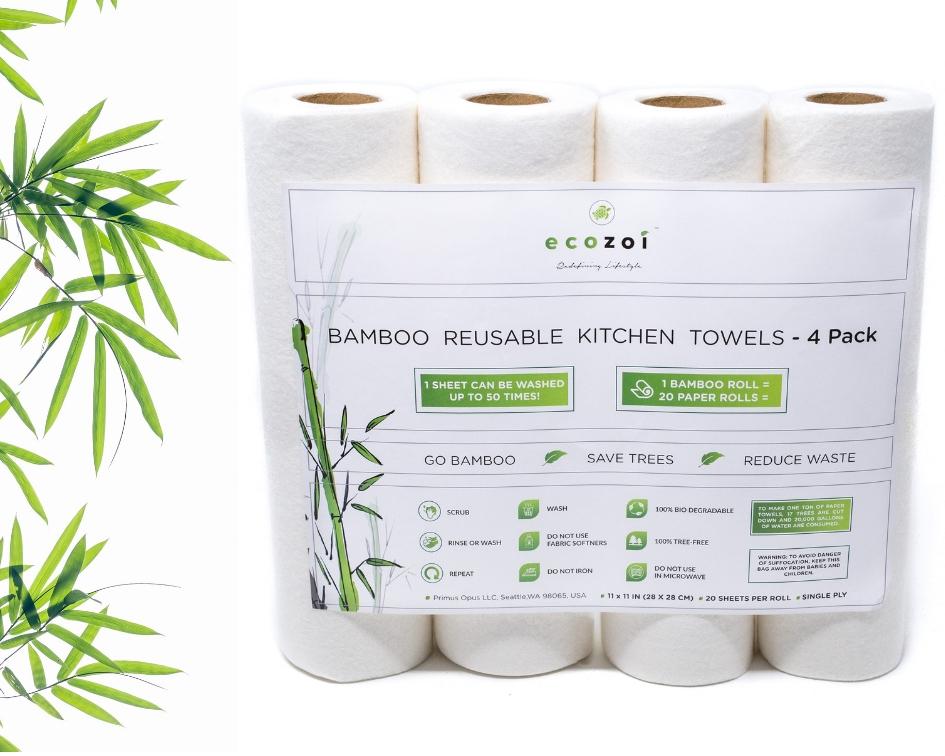 Ecozoi Bamboo Kitchen Paper, Reusable Paper Towels & Rolls, Tree-Free, 4-Pack