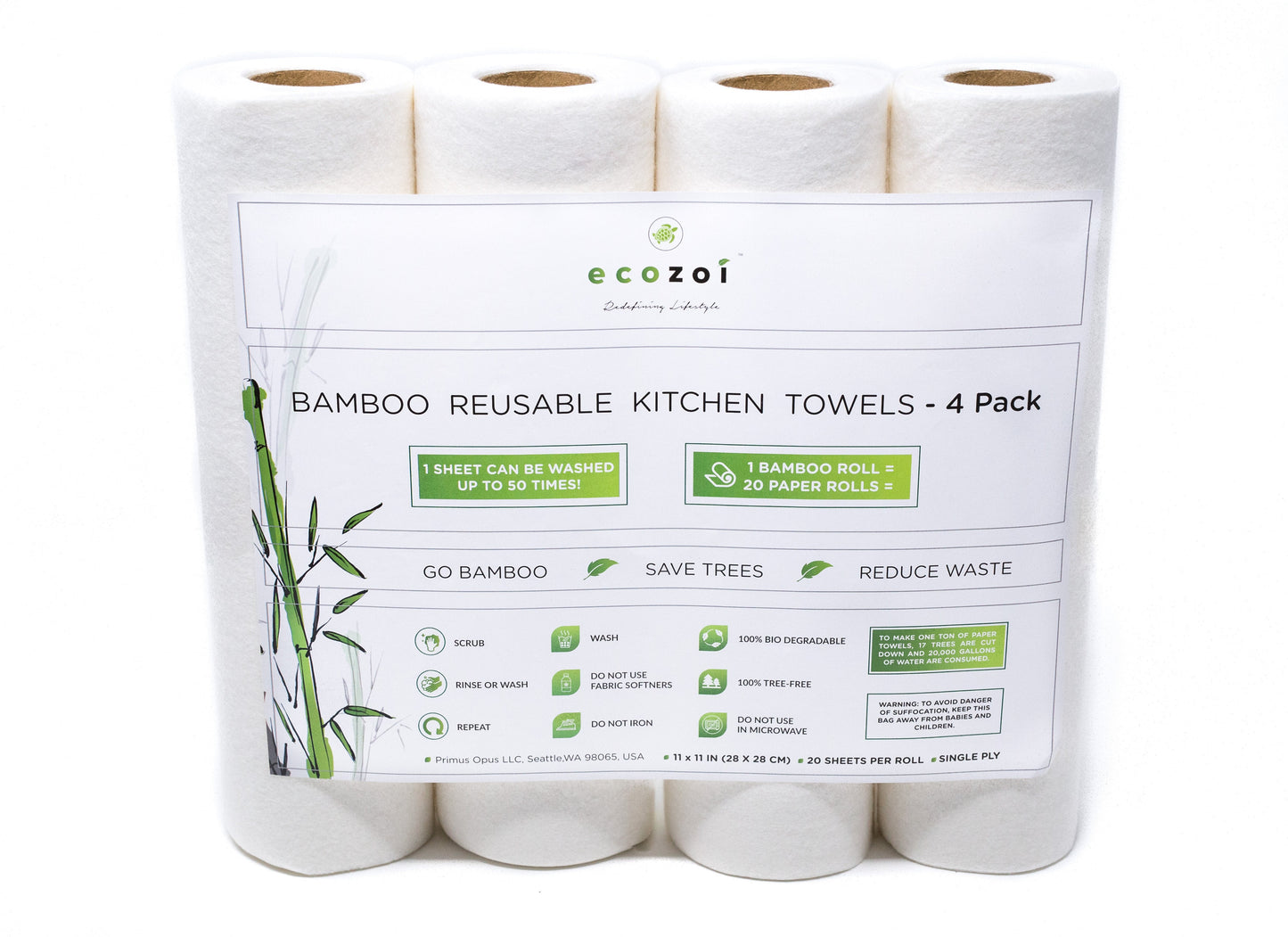 Ecozoi Bamboo Kitchen Paper, Reusable Paper Towels & Rolls, Tree-Free, 4-Pack