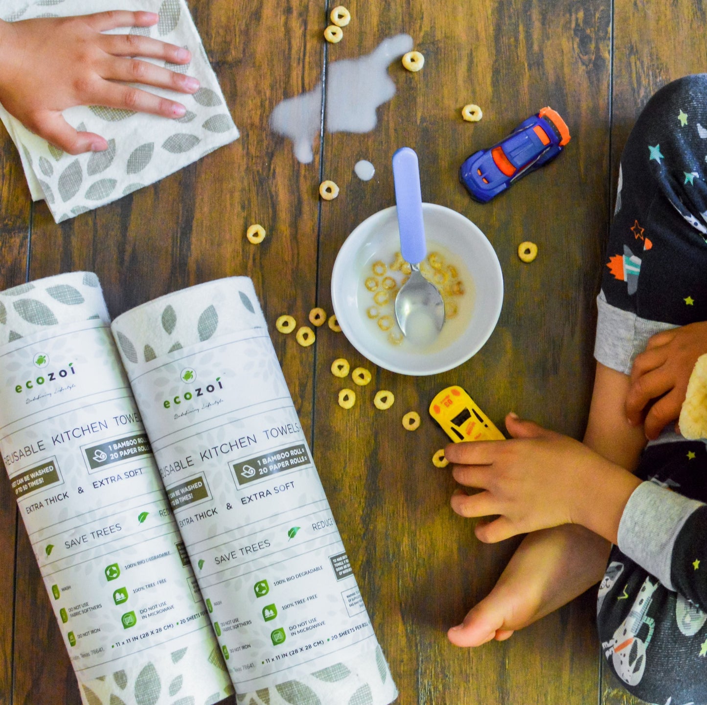 Ecozoi Bamboo Reusable Paper Towels for Kitchen, Tree-Free Rolls with Design, 4 Pack