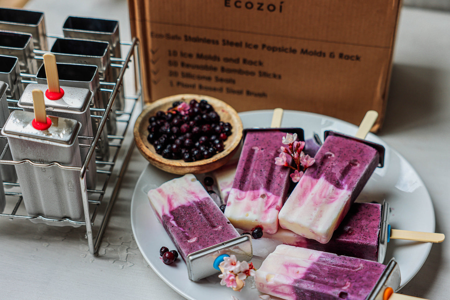 Ecozoi Stainless Steel Popsicle Molds with Sticks, Reusable, Bamboo, 50 Count, 10 Square