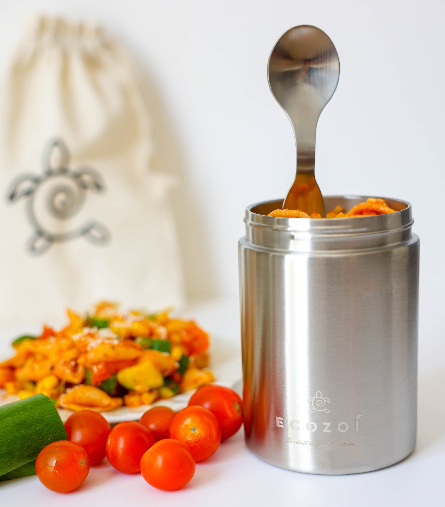 Ecozoi Stainless Steel Thermos Food Jar, Insulated Container with Spork and Lunch Bag, 17 oz