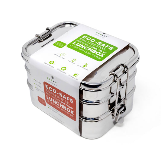 Ecozoi Stainless Steel Bento Lunch Box for Kids and Adults, 3 Compartment, 3 Tier Leak Proof, 75 oz