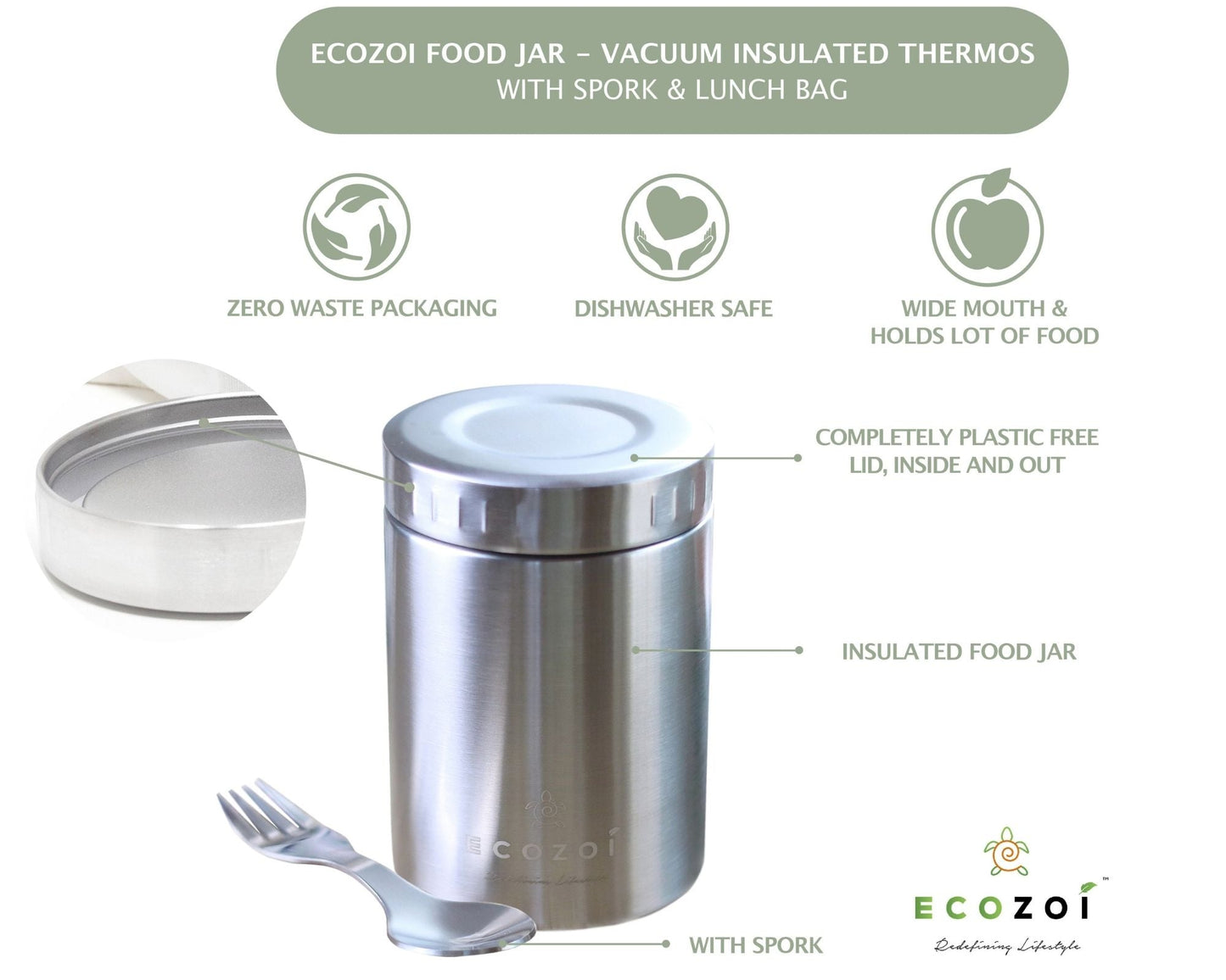 Ecozoi Stainless Steel Thermos Food Jar, Insulated Container with Spork and Lunch Bag, 17 oz