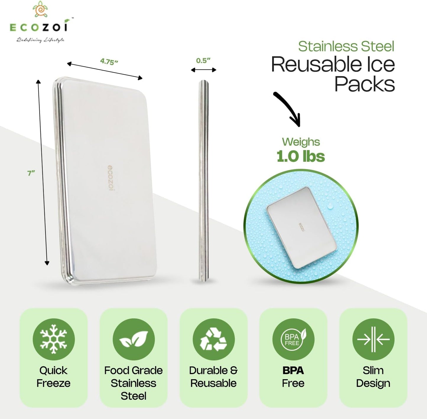 Ecozoi Stainless Steel Ice Packs for Lunch Boxes, Freezer Packs, Reusable, 2 Pack