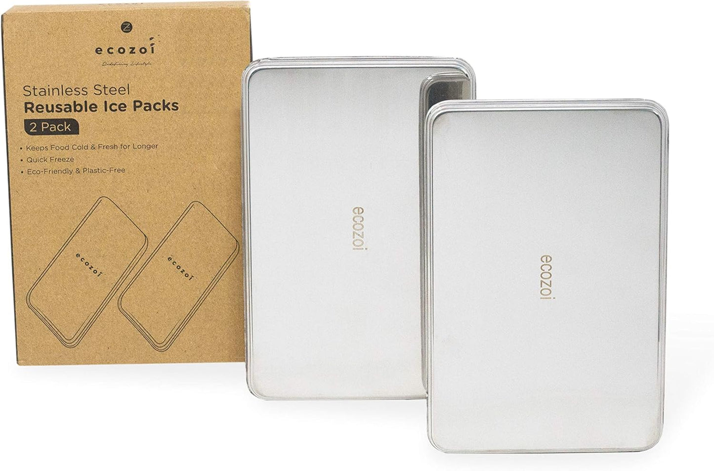 Ecozoi Stainless Steel Ice Packs for Lunch Boxes, Freezer Packs, Reusable, 2 Pack