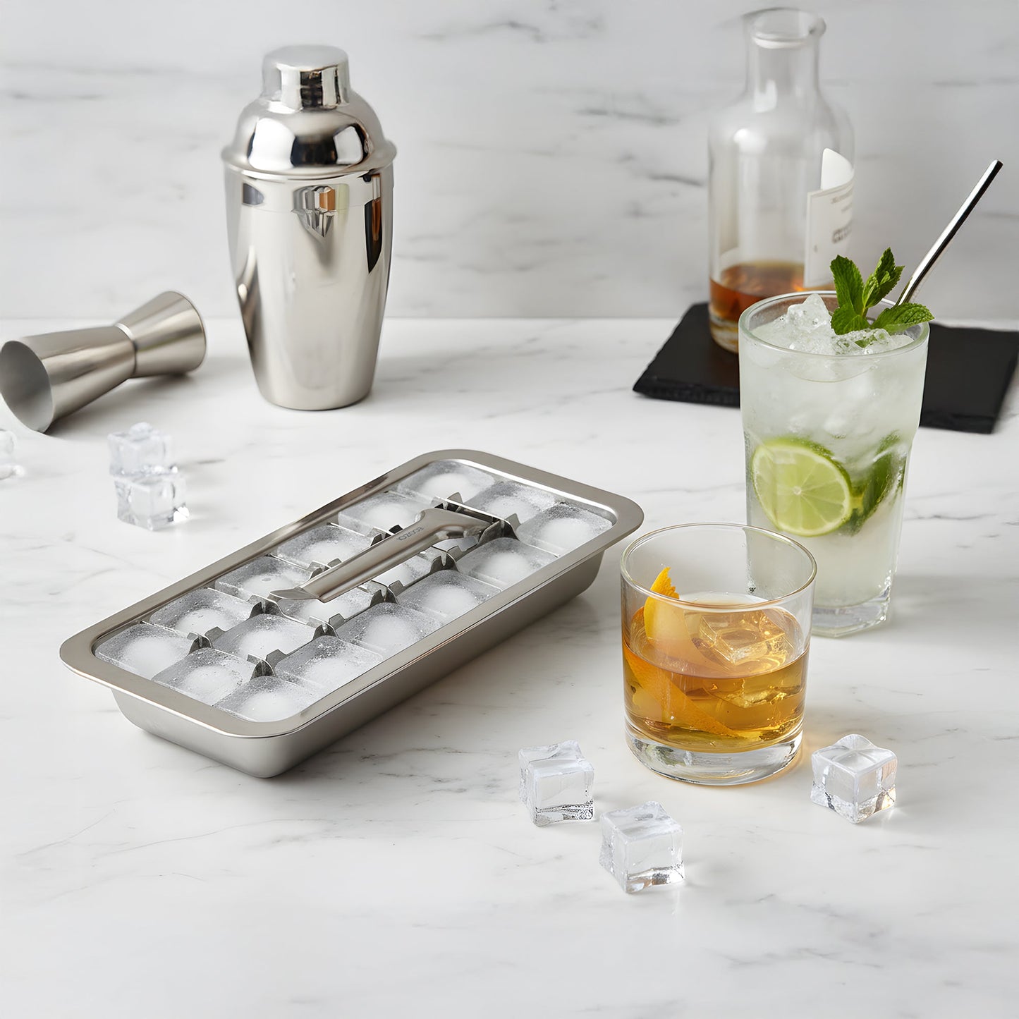 Ecozoi Old Fashioned Ice Cube Trays with Easy Release Handle, 2 Pack with Rack, Stainless Steel