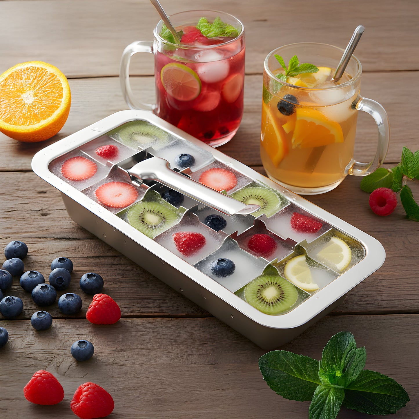 Ecozoi Old Fashioned Ice Cube Trays with Easy Release Handle, 2 Pack with Rack, Stainless Steel