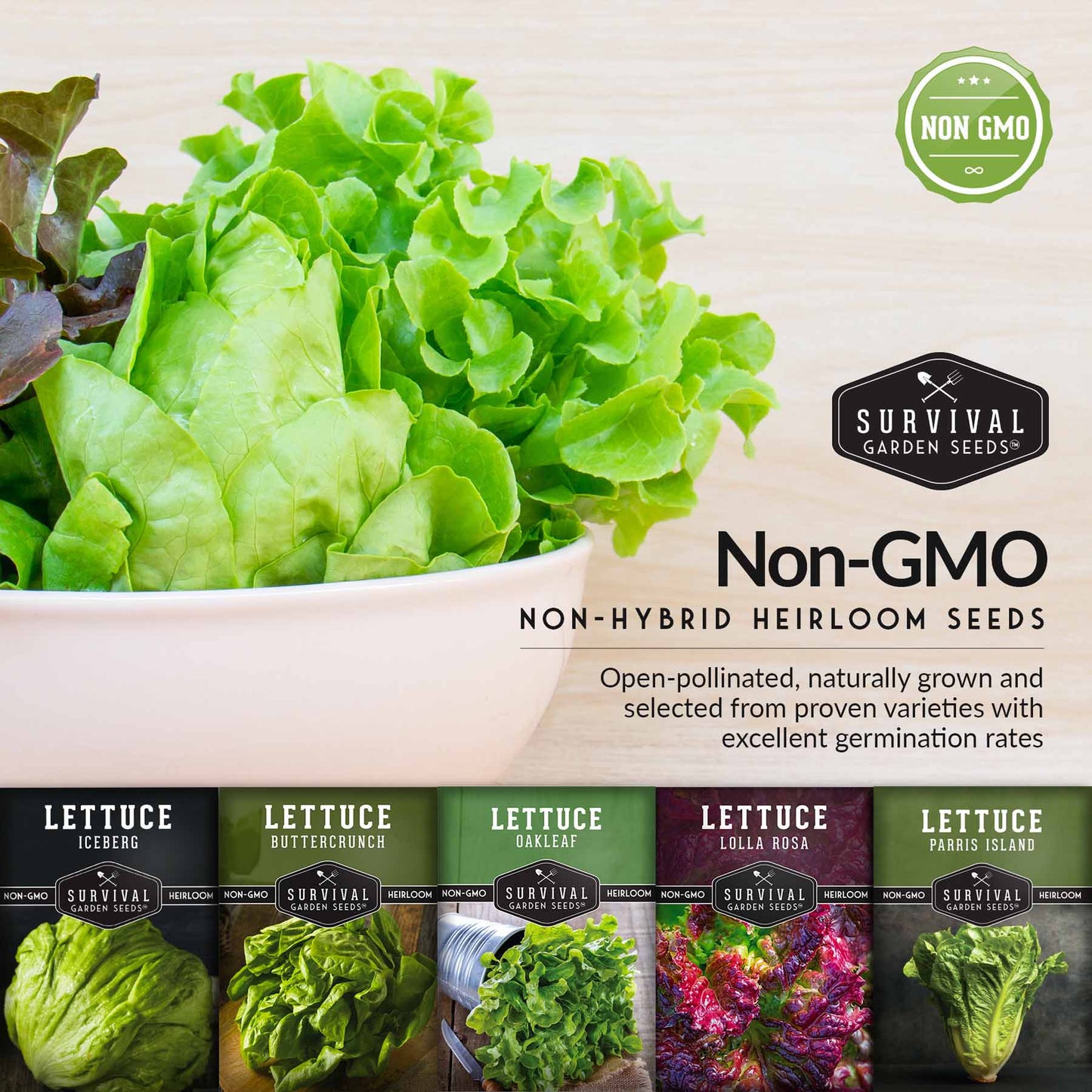 Lettuce Seed Collection – 5 Heirloom Varieties for Year-Round Harvest | Buttercrunch, Oakleaf, Lolla Rosa, Iceberg & Parris Island