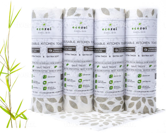 Ecozoi Bamboo Reusable Paper Towels for Kitchen, Tree-Free Rolls with Design, 4 Pack