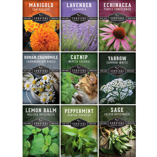 Medicinal Tea Herb Seeds Collection – 9 Heirloom Non-GMO Herbs for Calming Teas, Wellness & Home Apothecary Gardens (Chamomile, Lavender, Peppermint, Sage & More)