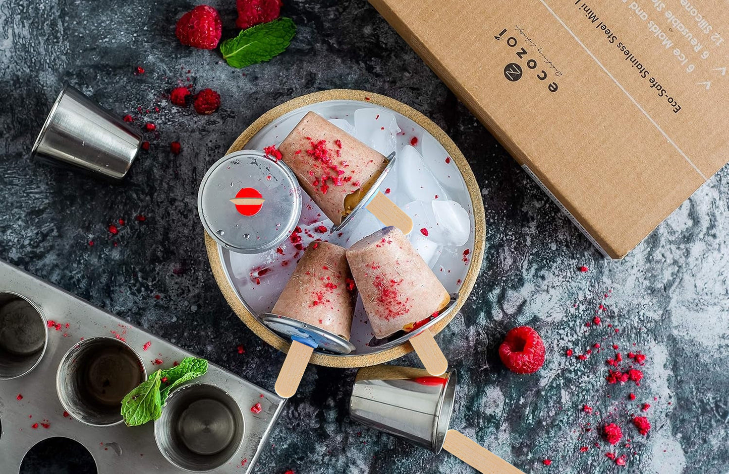 Ecozoi Stainless Steel Ice Pop Molds, 6 Mini Rounds with Reusable Stainless Steel Sticks