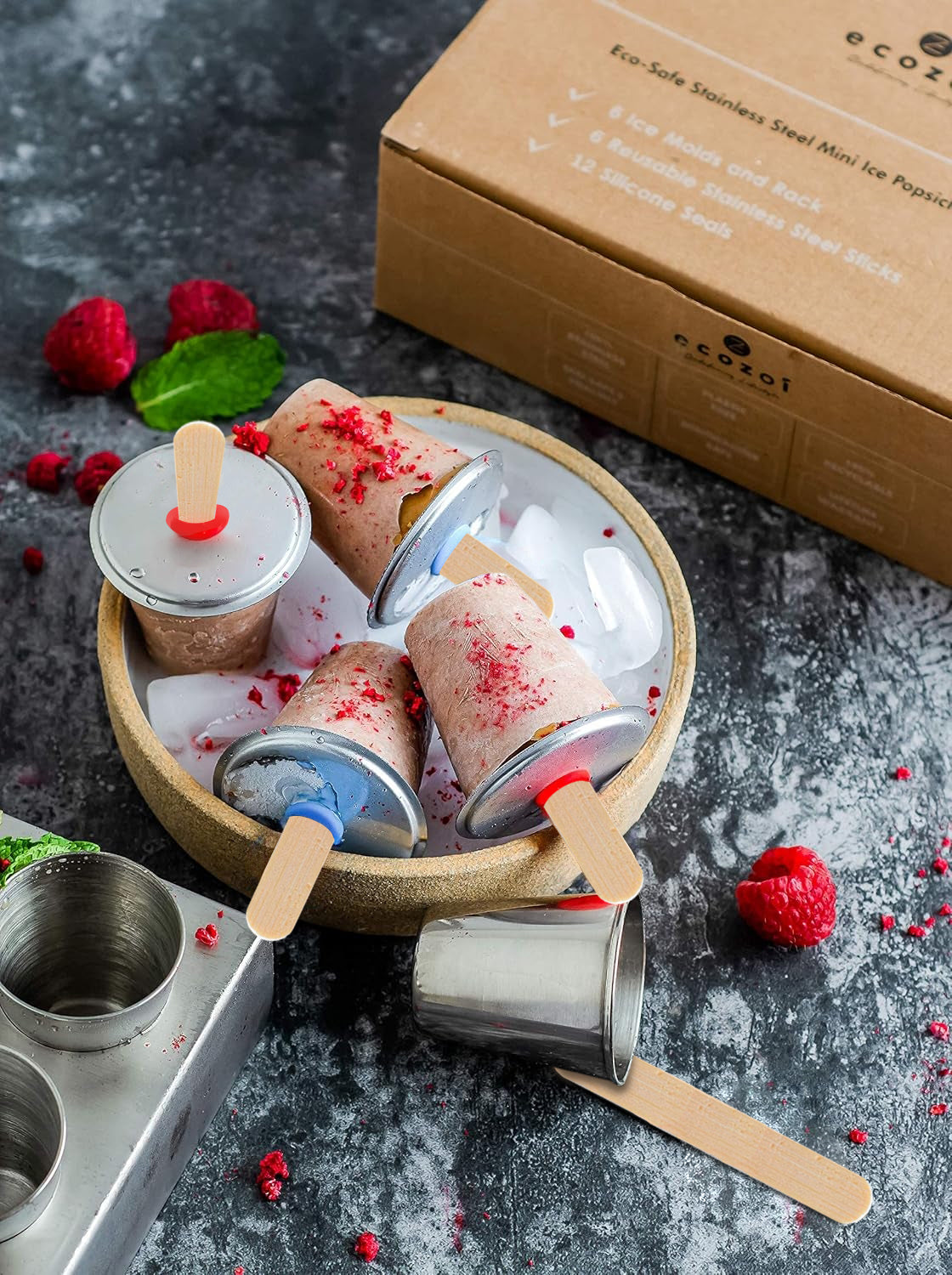 Ecozoi Stainless Steel Ice Pop Molds, 6 Mini Rounds with Reusable Stainless Steel Sticks