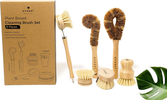 Ecozoi Kitchen Brush Set, Vegetable Dish Scrub Brush, Plant-Based, Multi-Purpose 6 Piece