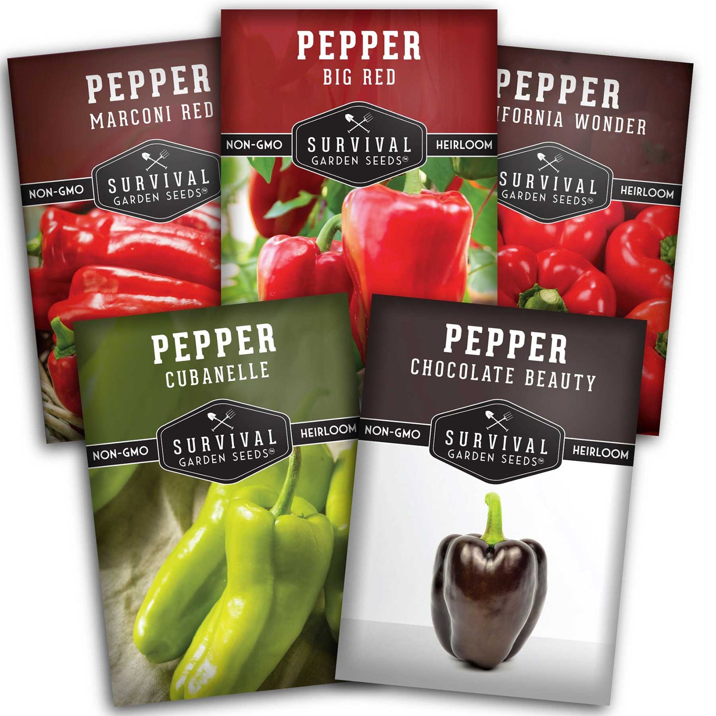 Sweet Pepper Collection - California Wonder Bell, Marconi Red, Cubanelle, Chocolate Beauty, and Big Red Peppers