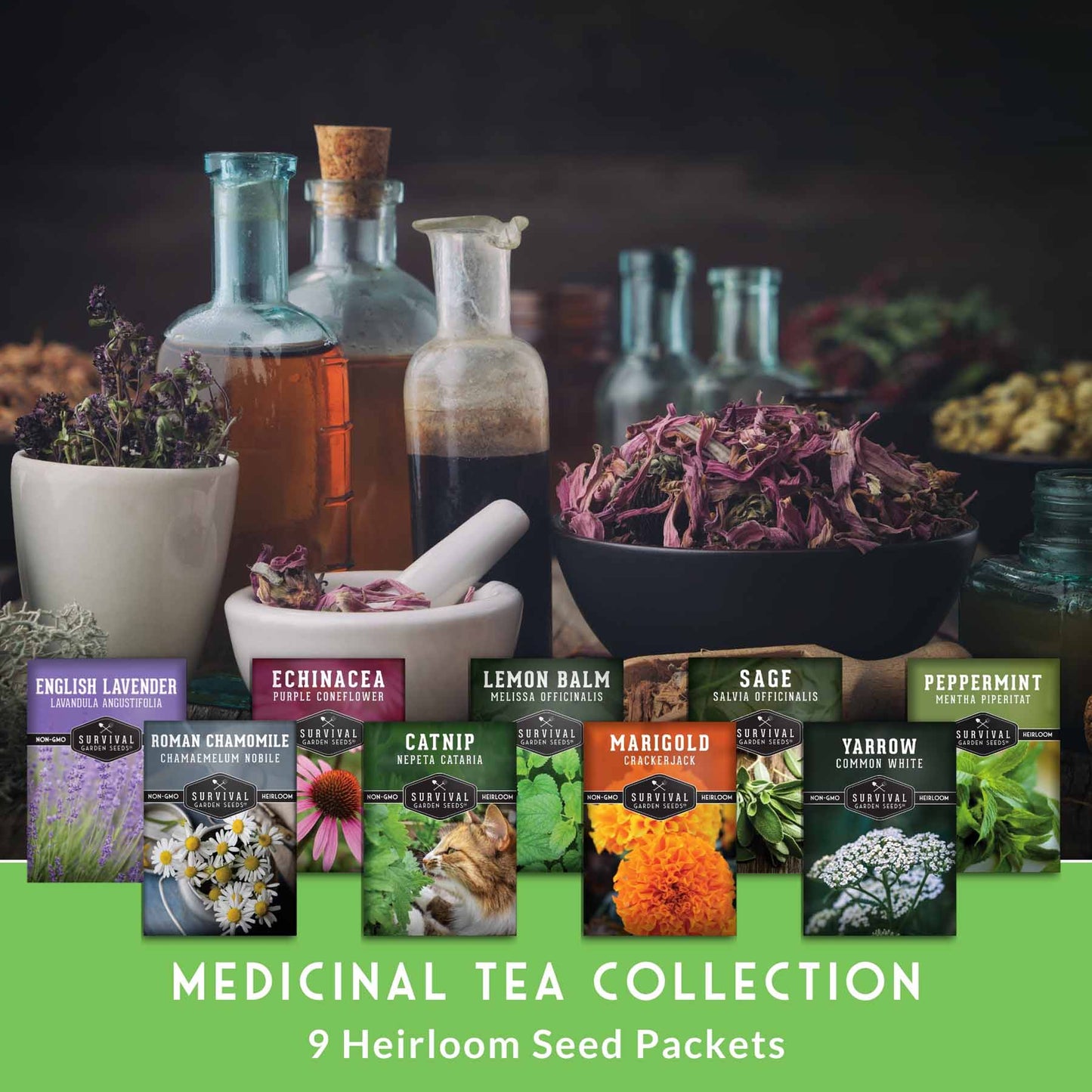 Medicinal Tea Herb Seeds Collection – 9 Heirloom Non-GMO Herbs for Calming Teas, Wellness & Home Apothecary Gardens (Chamomile, Lavender, Peppermint, Sage & More)