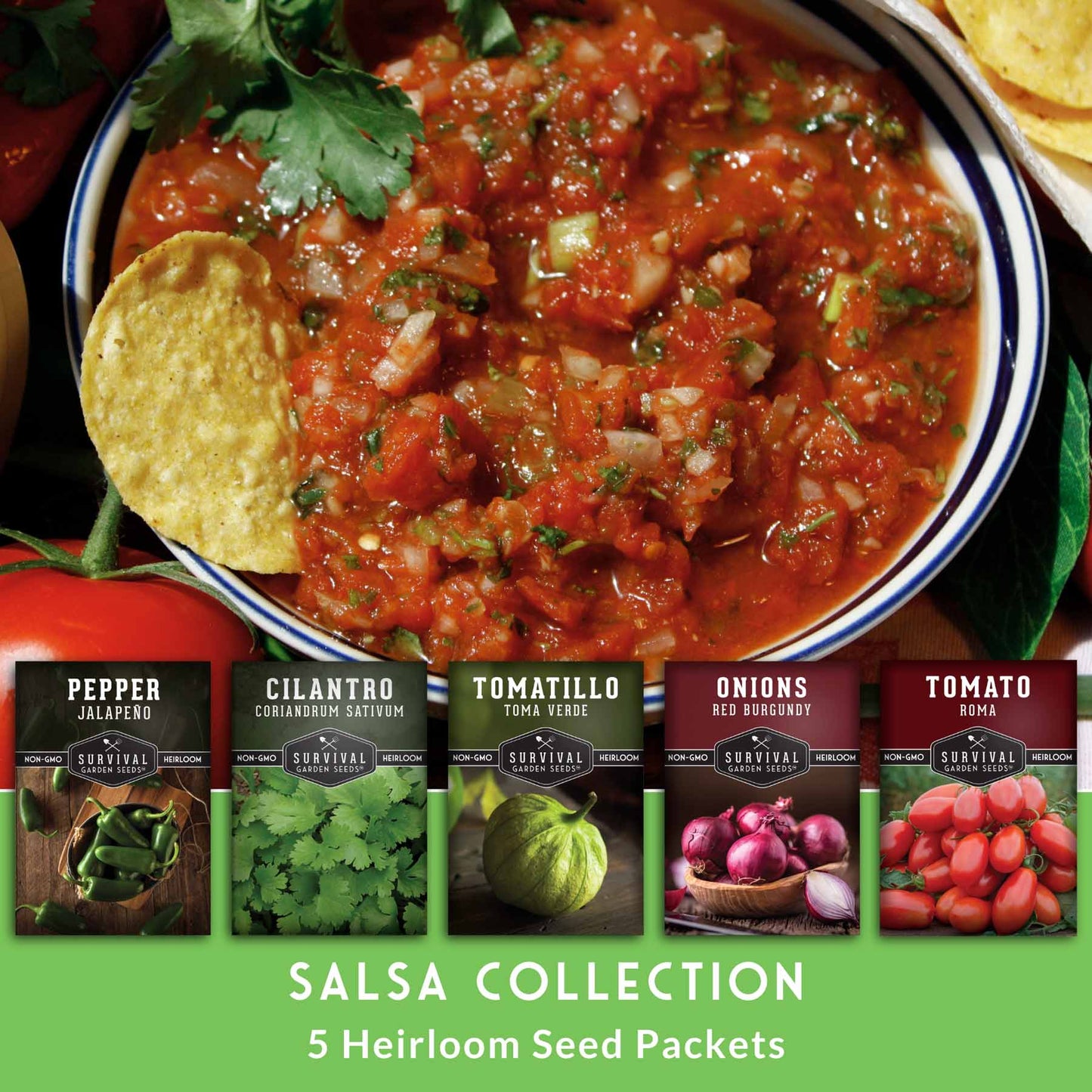 Salsa Garden Seed Collection – 5 Heirloom Non-GMO Varieties for Homemade Red & Green Salsa, Fresh Cooking & Food Preservation
