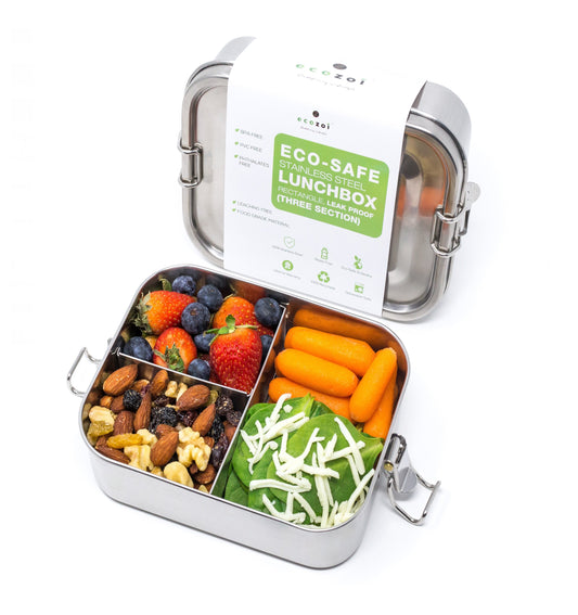 Ecozoi Stainless Steel Bento Lunch Box for School and Office, 3 Compartment Tiffin Containers, Leakproof, 24 Oz