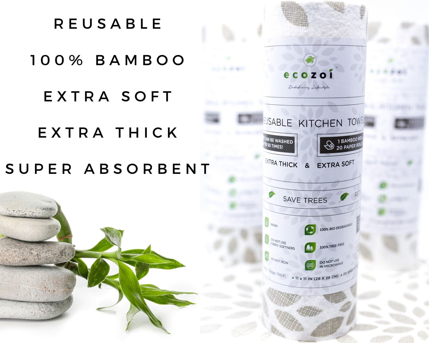 Ecozoi Bamboo Reusable Paper Towels for Kitchen, Tree-Free Rolls with Design, 4 Pack