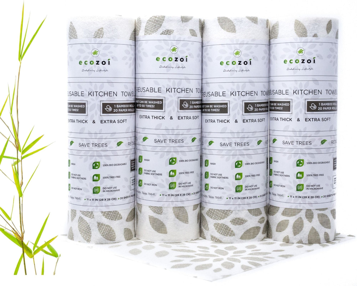 Ecozoi Bamboo Reusable Paper Towels for Kitchen, Tree-Free Rolls with Design, 4 Pack