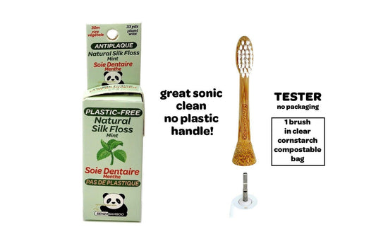 Bundle! 1x Mint Plastic Free Silk Dental Floss + 1 x Replacement Bamboo Brush Head (Tester)  (Philips Sonicare Click-on handle compatible) (TESTER comes only in clear hygienic compostable bag and no packaging)