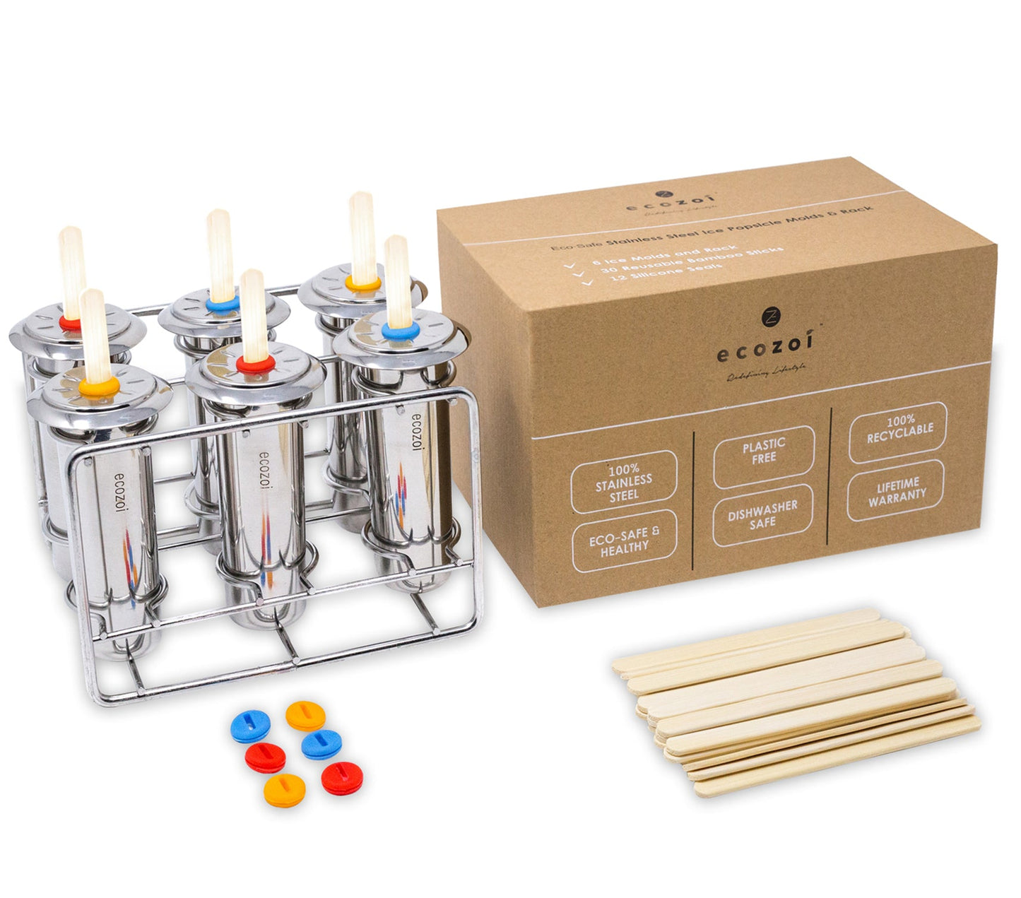 Ecozoi Stainless Steel Popsicle Molds with Sticks, Round & Reusable, Bamboo, Ice Cream Bars