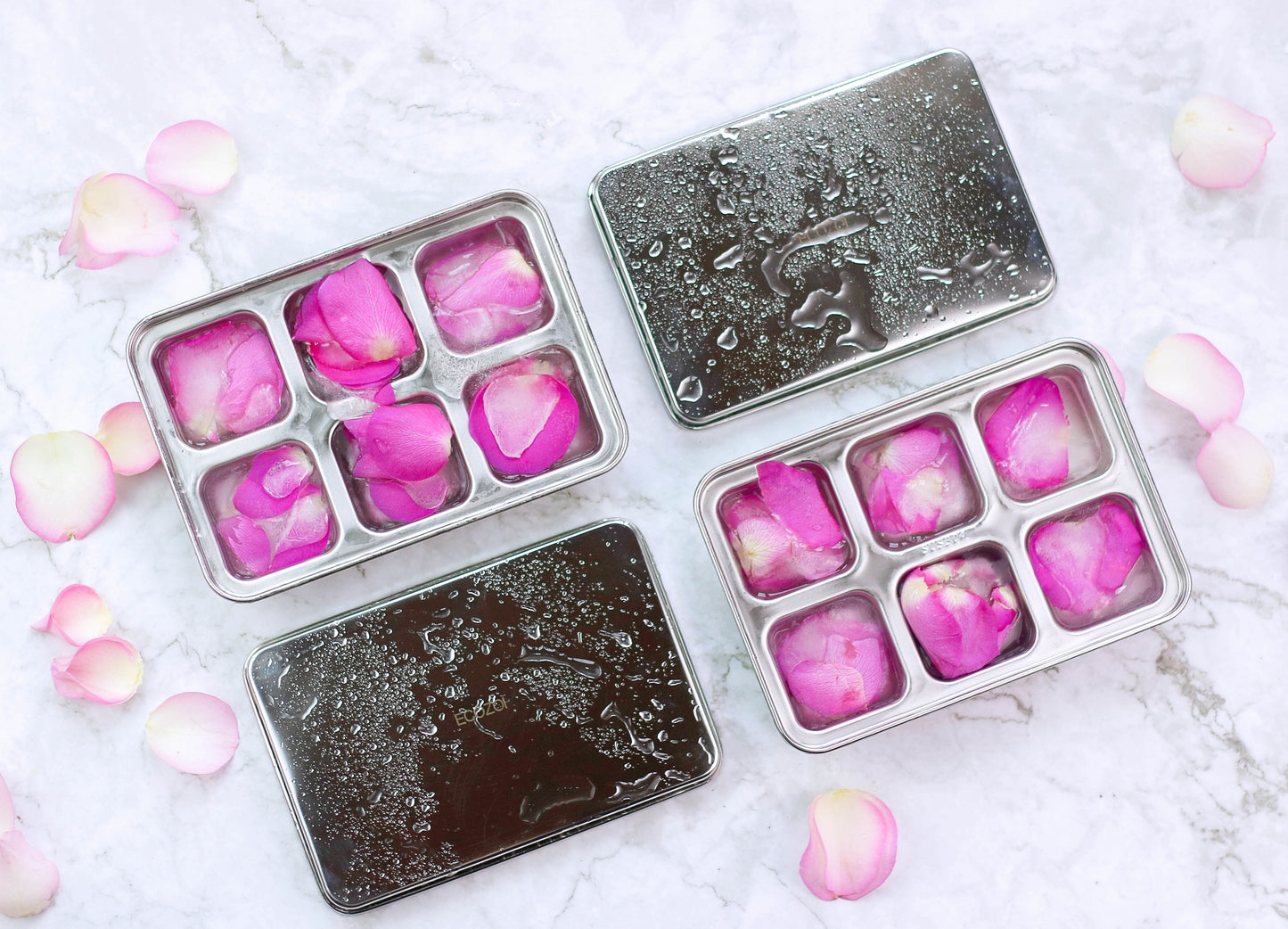 Ecozoi Stainless Steel Ice Trays for Freezer, Rectangular Shape 12 Large Cubes with Lid, 2 Pack