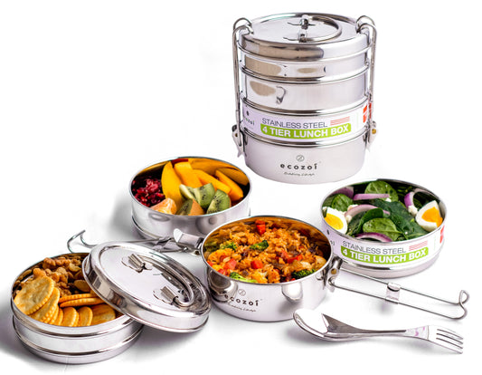 Ecozoi Stackable Lunch Box for Adult, 4 Tier Round with Spork, Stainless Steel, 55 Oz